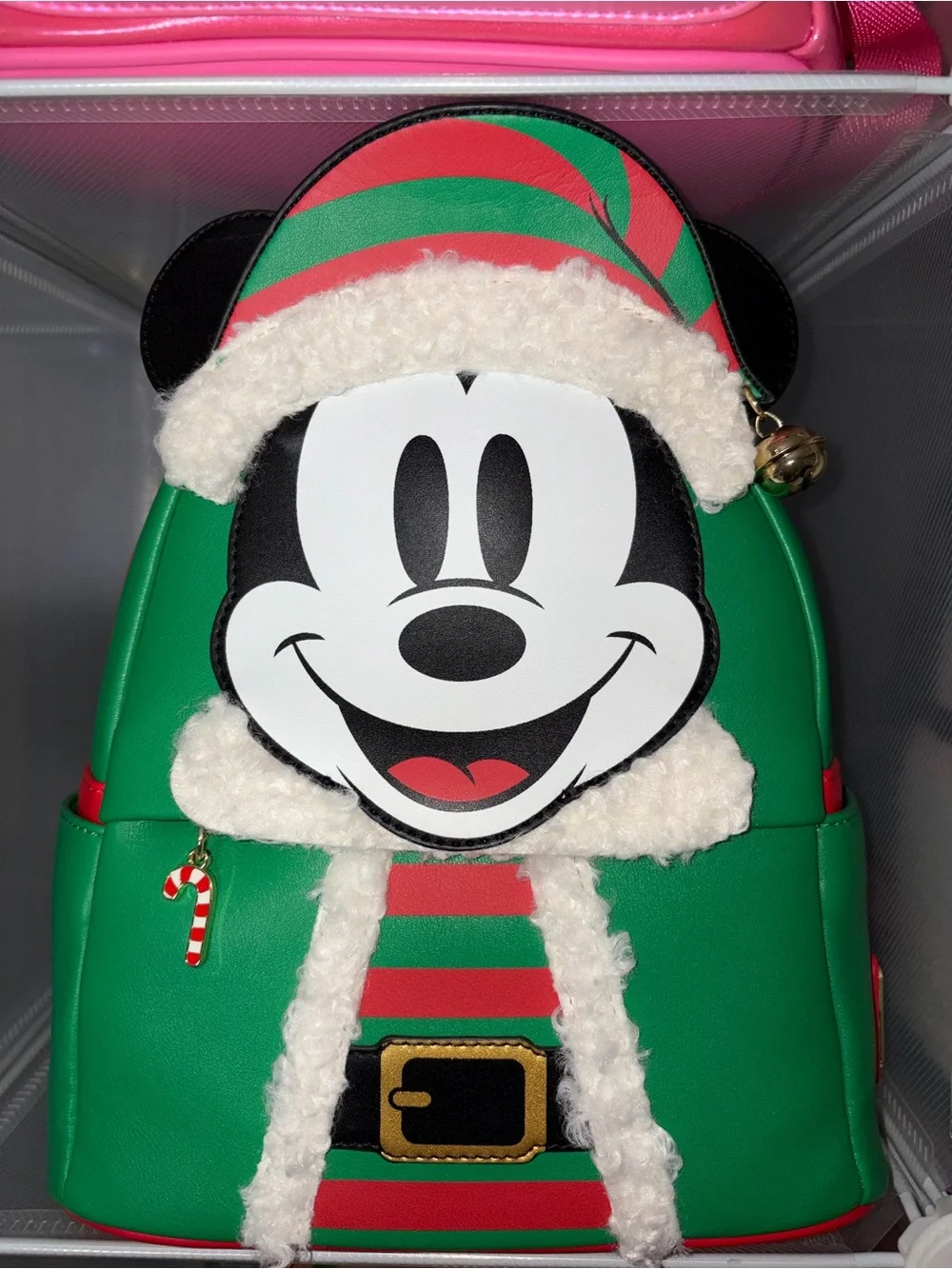 Loungefly Green & Red Mickey Holiday Backpack with Sherpa Trim